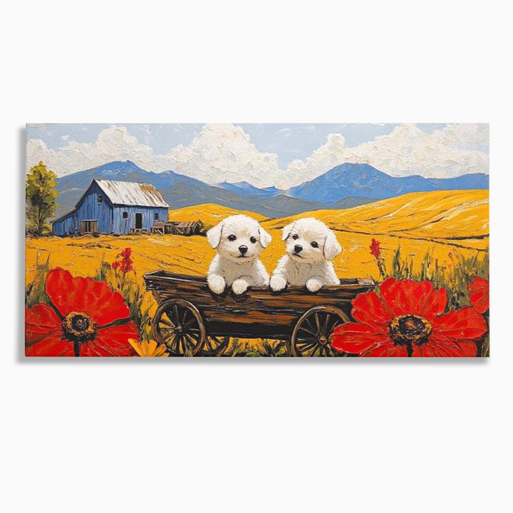 Tablou canvas cu tablou canvas cu catei in caruta si maci, fara rama, pe sasiu de lemn